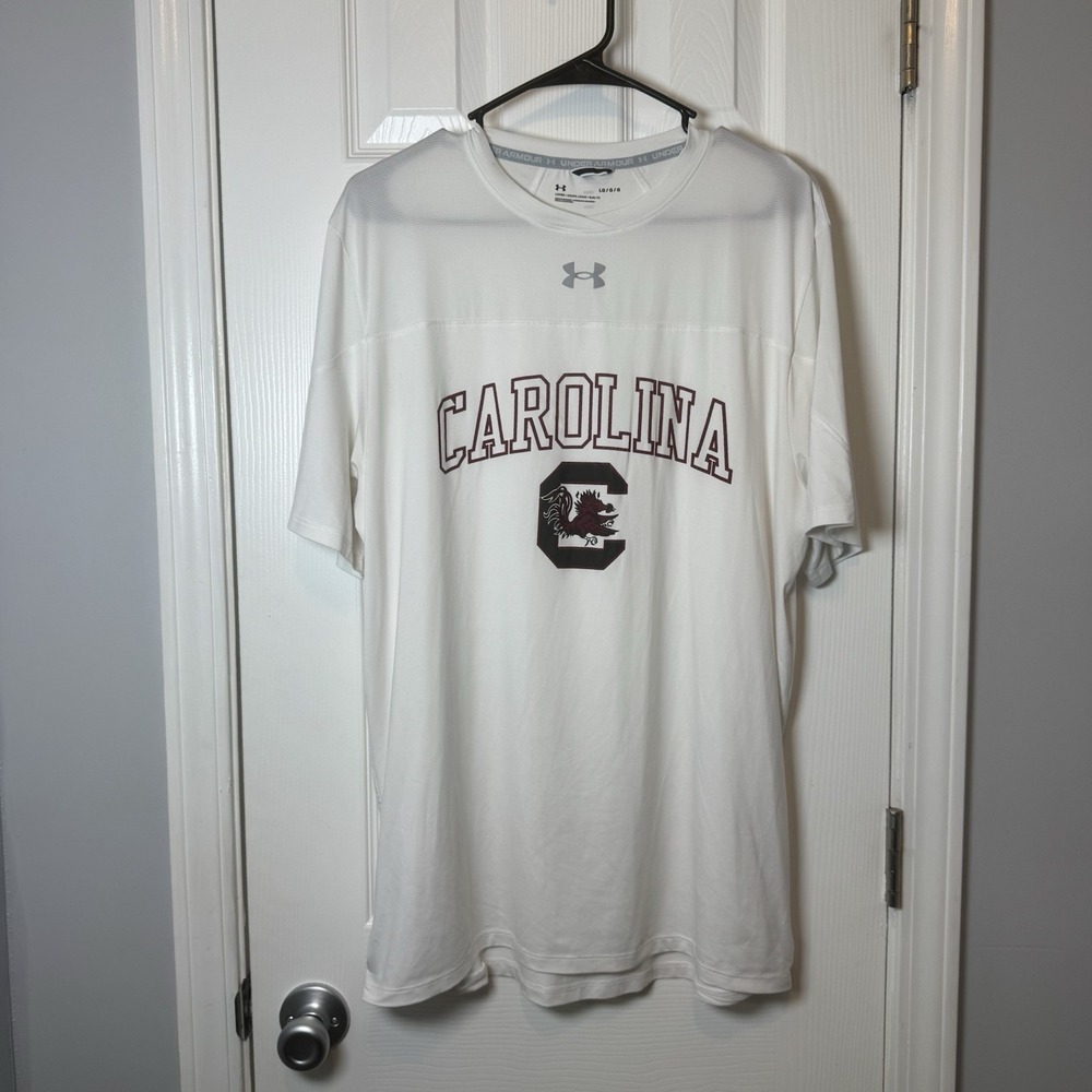South Carolina Gamecocks Under Armour White Knit Shirt Large Loose Fit Men's